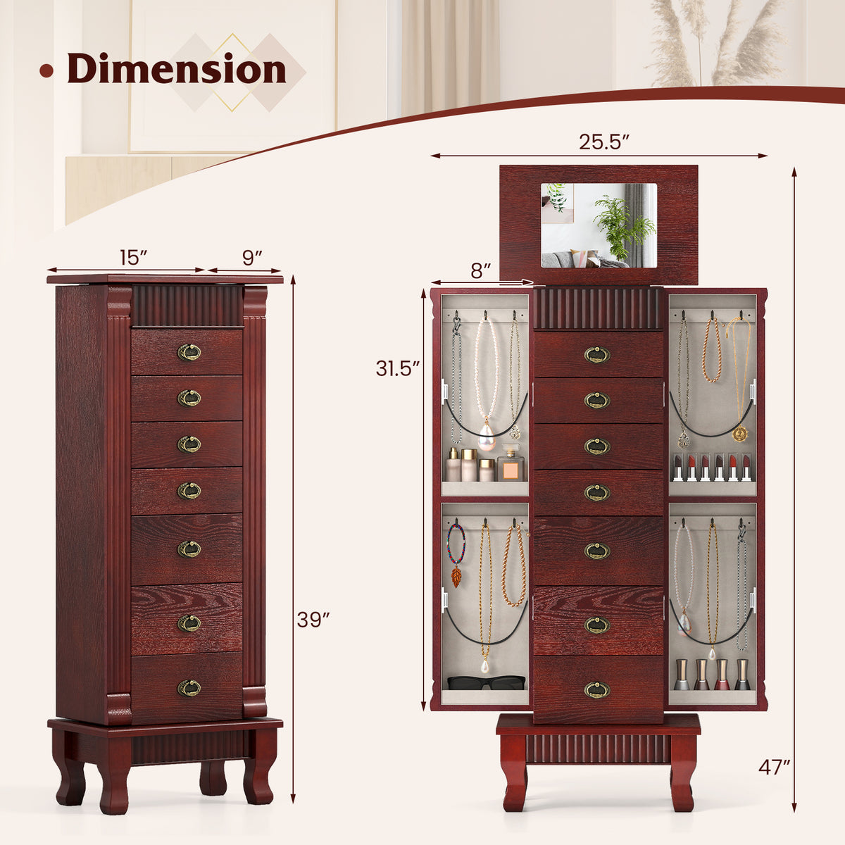 Wooden Jewelry Armoire Cabinet with Drawers - 15" x 9" x 38.5", Brown