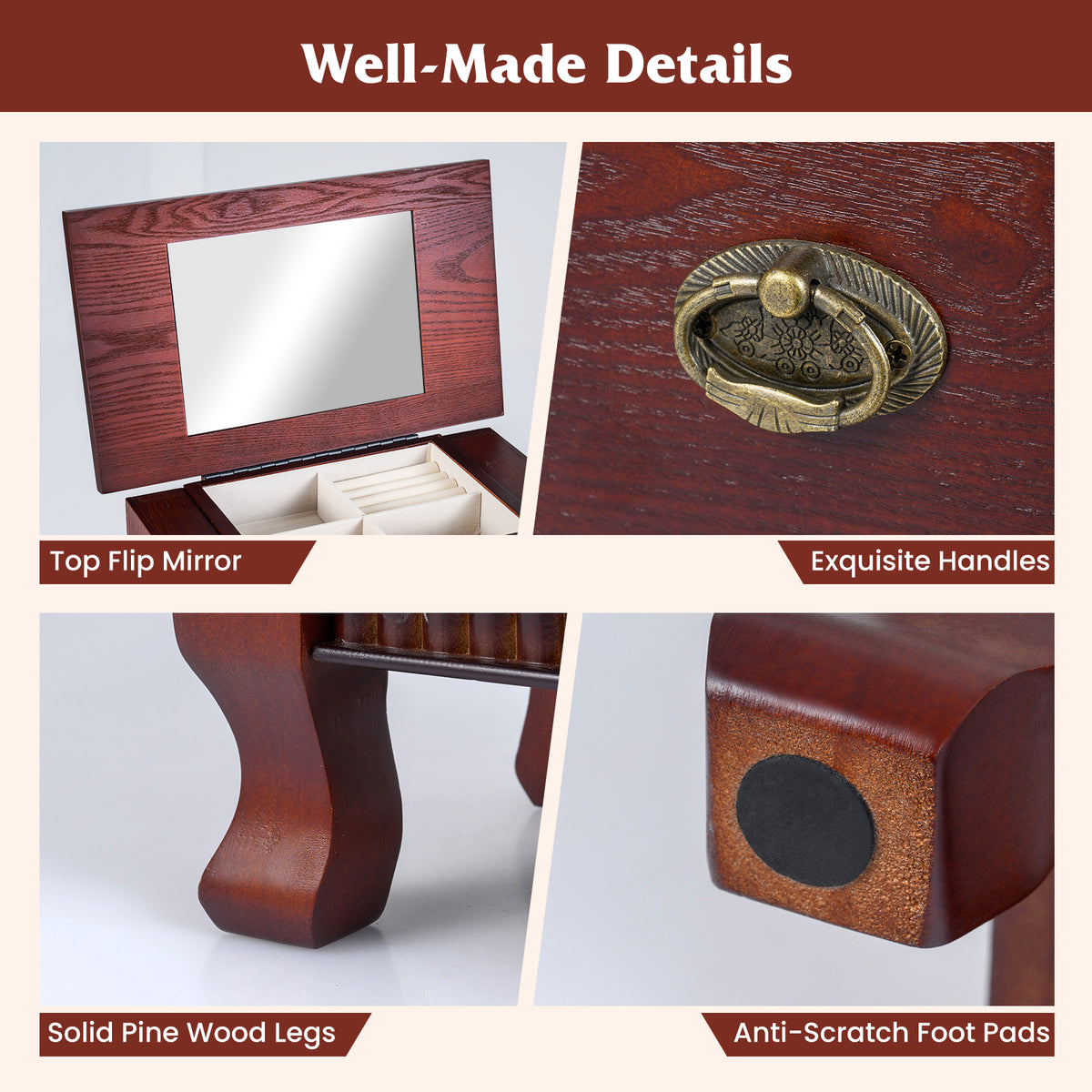 Wooden Jewelry Armoire Cabinet with Drawers - 15" x 9" x 38.5", Brown