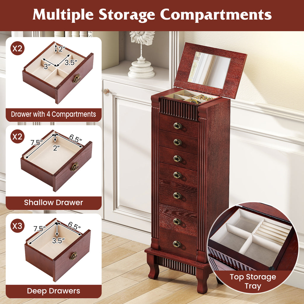 Wooden Jewelry Armoire Cabinet with Drawers - 15" x 9" x 38.5", Brown