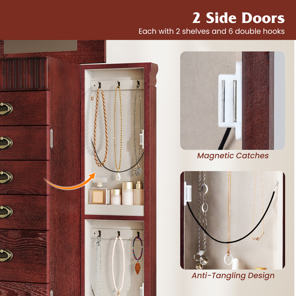 Wooden Jewelry Armoire Cabinet with Drawers - 15" x 9" x 38.5", Brown