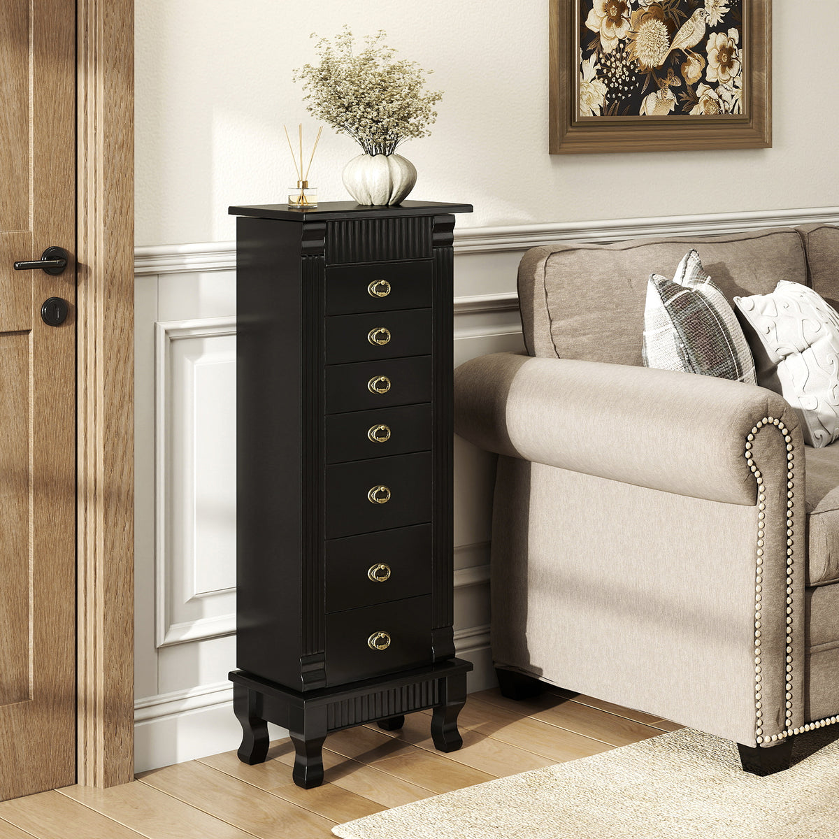 Wooden Jewelry Armoire Cabinet Storage with Drawers - Black, 15" x 9" x 38.5"