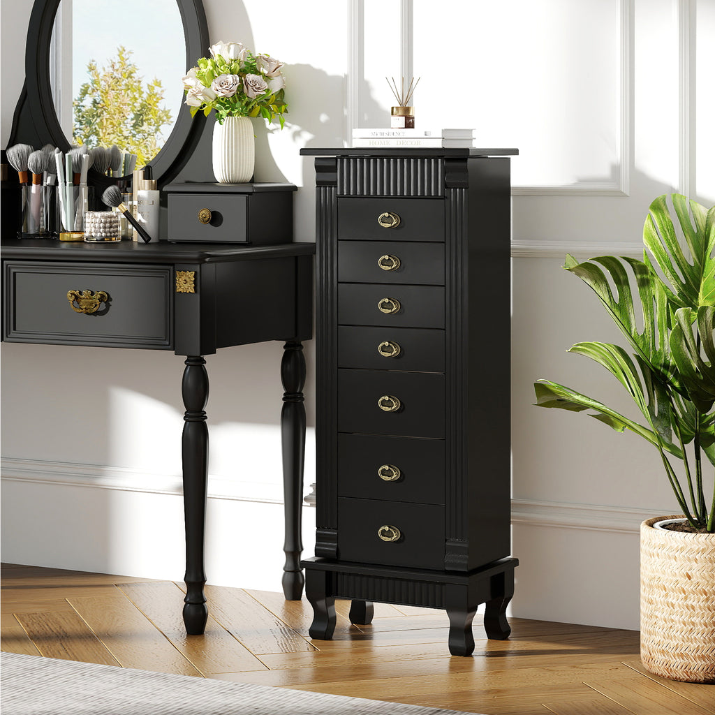 Wooden Jewelry Armoire Cabinet Storage with Drawers - Black, 15" x 9" x 38.5"