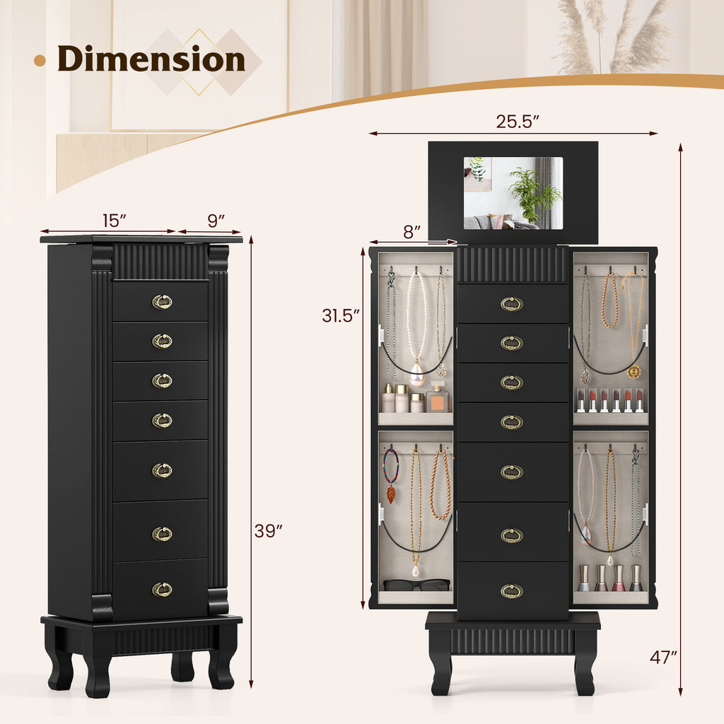 Wooden Jewelry Armoire Cabinet Storage with Drawers - Black, 15" x 9" x 38.5"