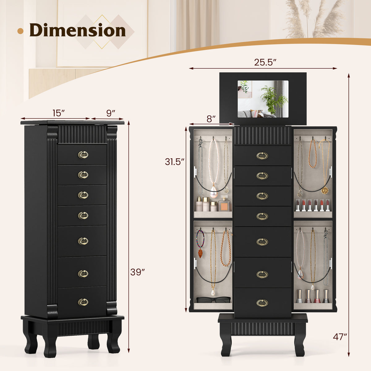 Wooden Jewelry Armoire Cabinet Storage with Drawers - Black, 15" x 9" x 38.5"