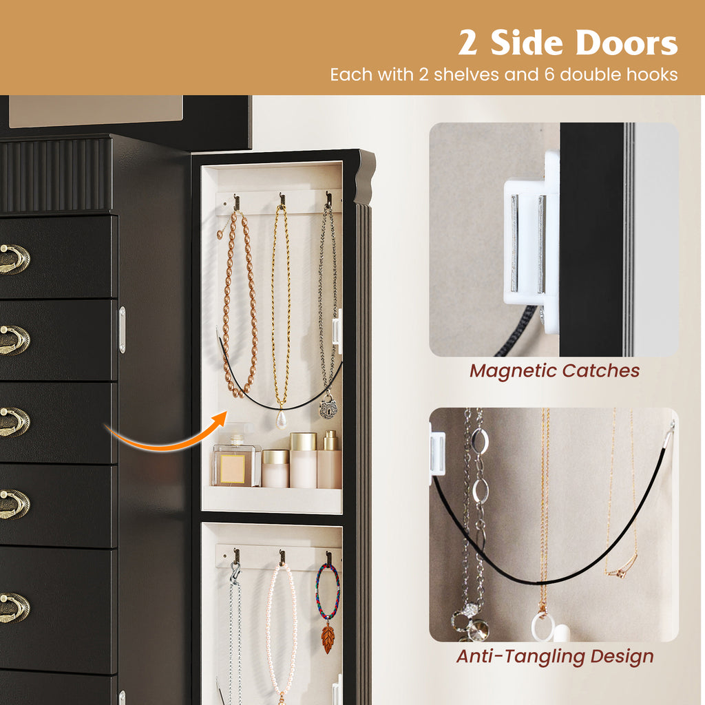 Wooden Jewelry Armoire Cabinet Storage with Drawers - Black, 15" x 9" x 38.5"