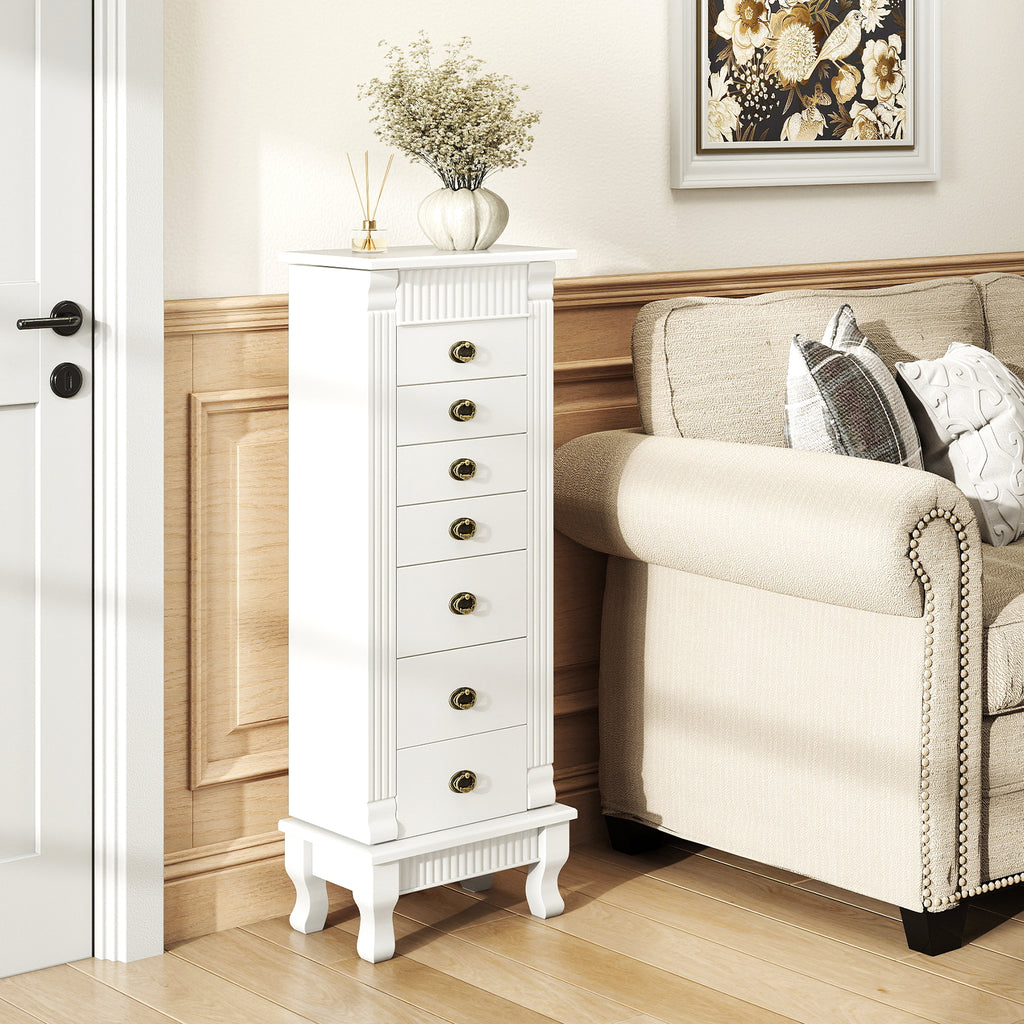 Wooden Jewelry Armoire Cabinet Storage Chest with Drawers and Swing Doors - White 15" x 9" x 38.5"