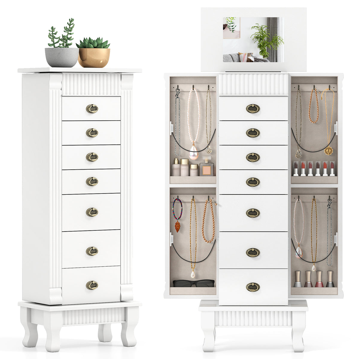 Wooden Jewelry Armoire Cabinet with Drawers - White, 15" x 9" x 38.5"