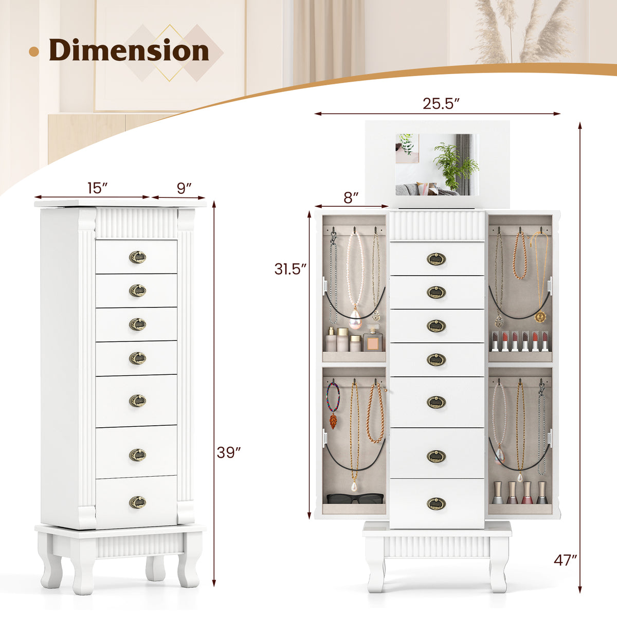 Wooden Jewelry Armoire Cabinet with Drawers - White, 15" x 9" x 38.5"