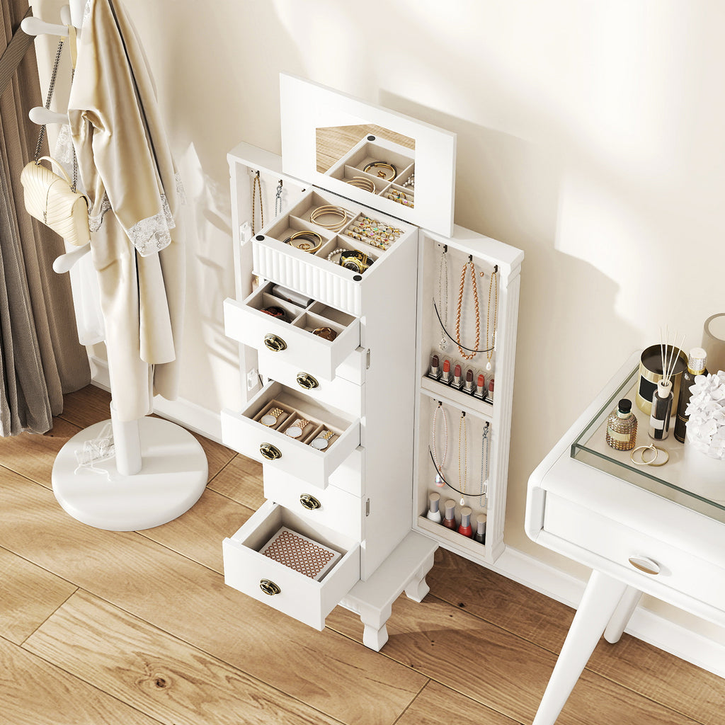 Wooden Jewelry Armoire Cabinet Storage Chest with Drawers and Swing Doors - White 15" x 9" x 38.5"