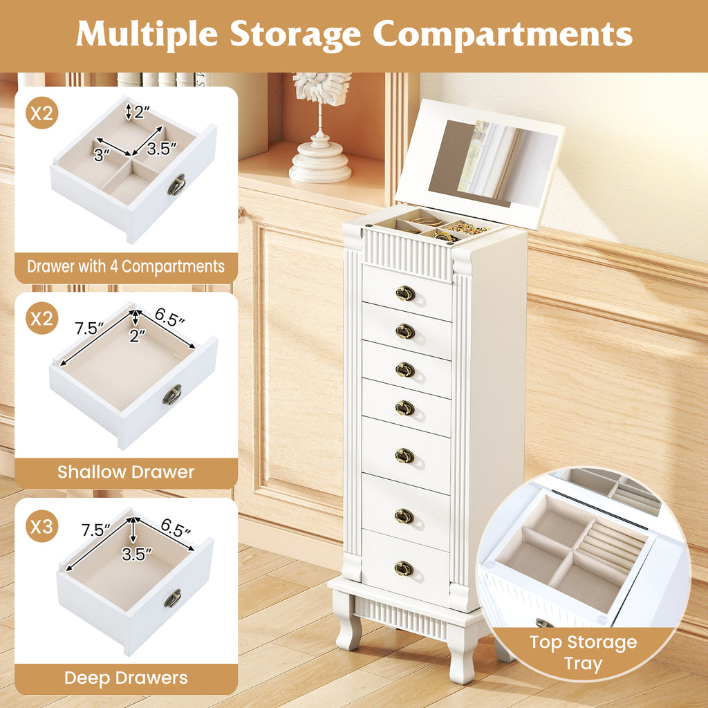 Wooden Jewelry Armoire Cabinet with Drawers - White, 15" x 9" x 38.5"