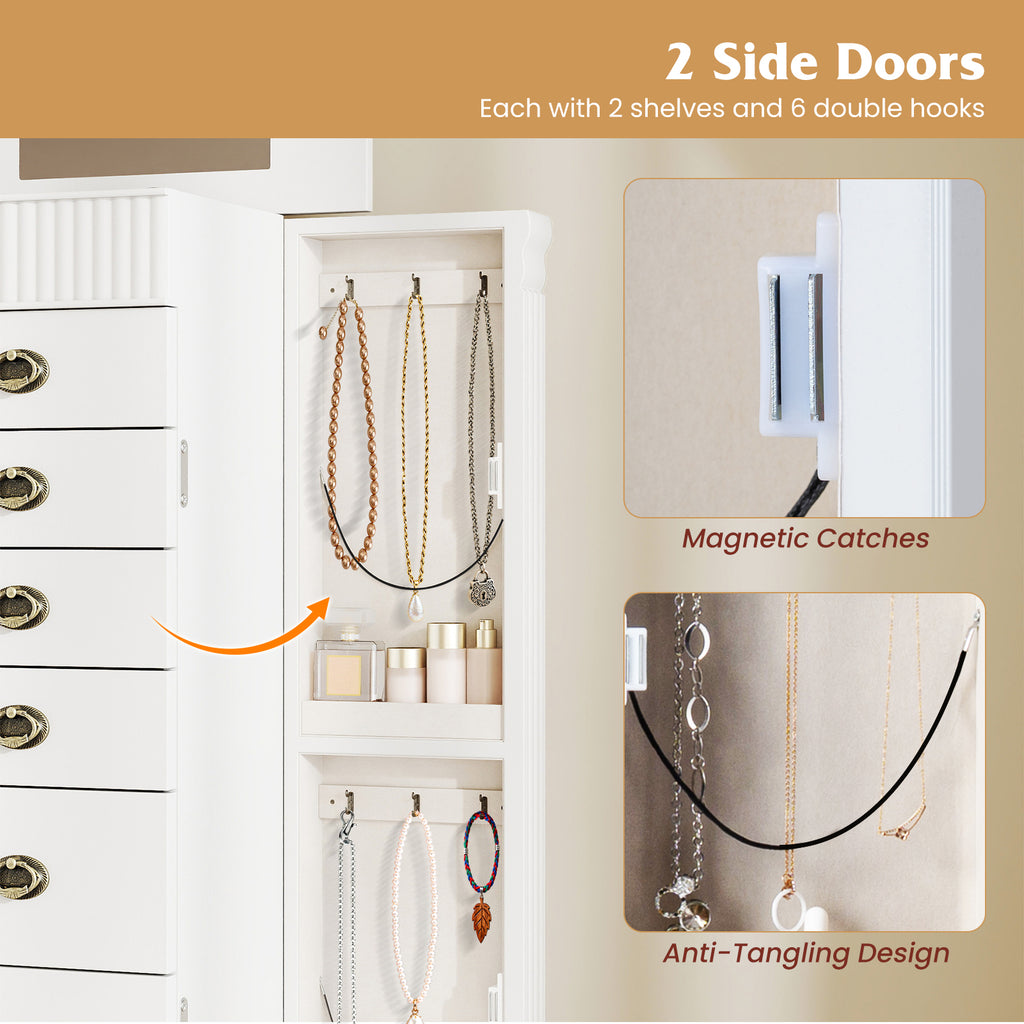 Wooden Jewelry Armoire Cabinet Storage Chest with Drawers and Swing Doors - White 15" x 9" x 38.5"