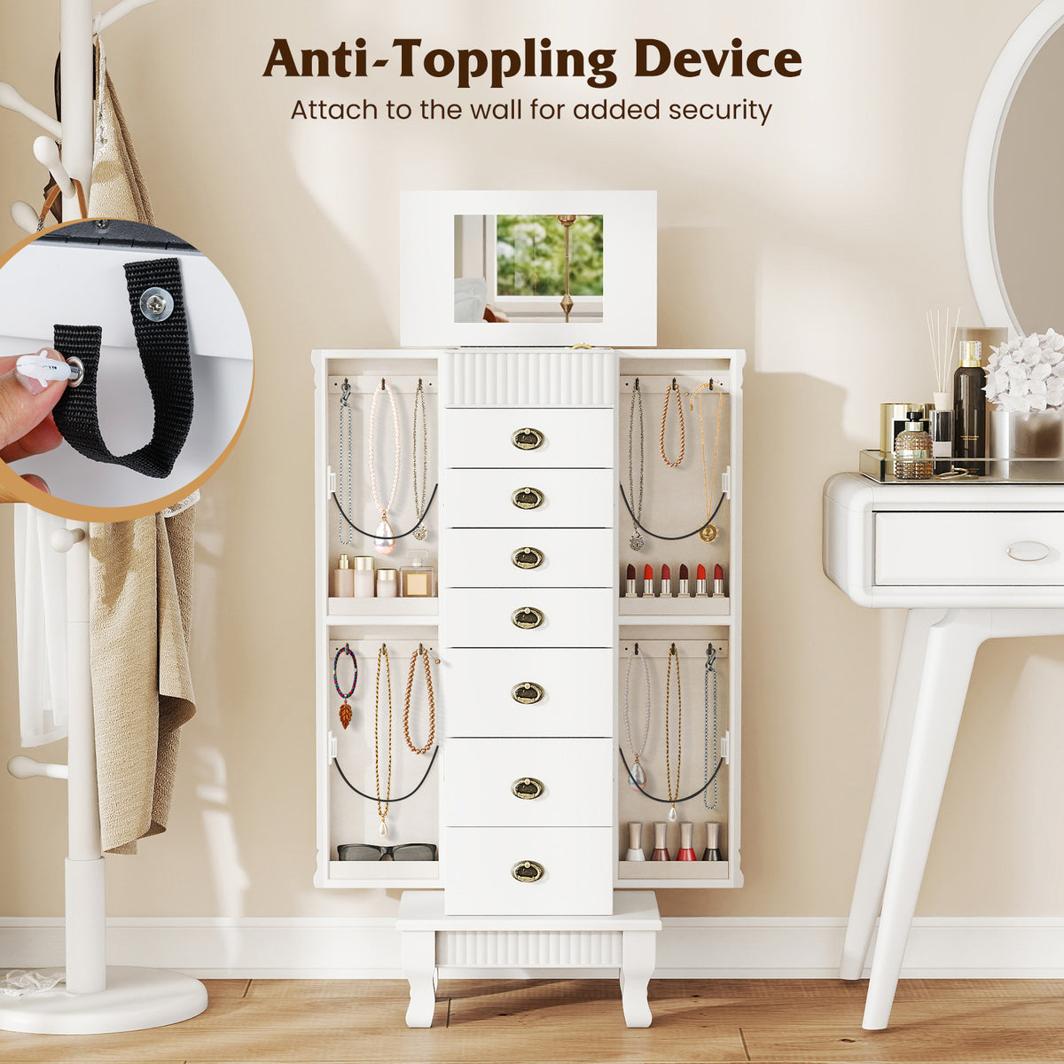 Wooden Jewelry Armoire Cabinet with Drawers - White, 15" x 9" x 38.5"