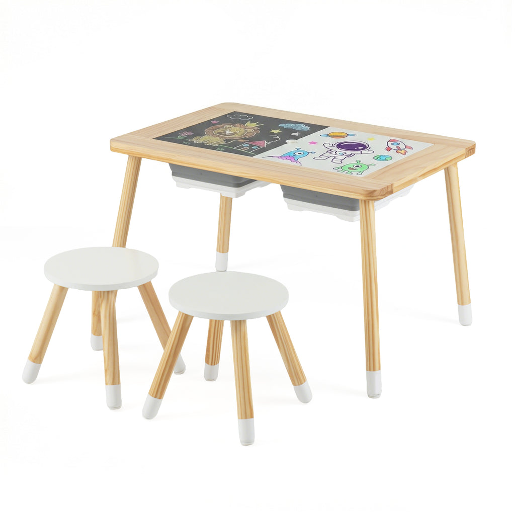 Kids Wooden Activity Table Set with Double-Sided Chalkboard & Whiteboard - Natural+White