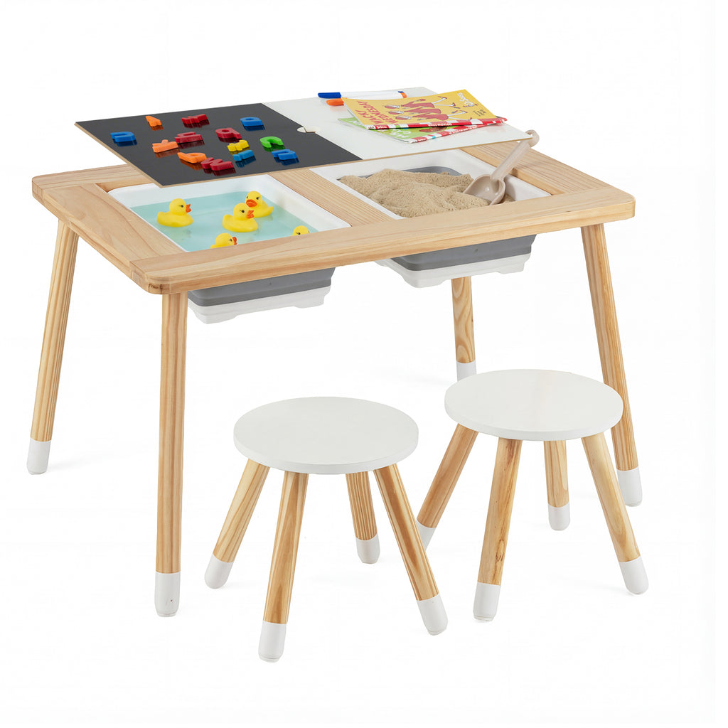 Kids Wooden Activity Table Set with Double-Sided Chalkboard & Whiteboard - Natural+White