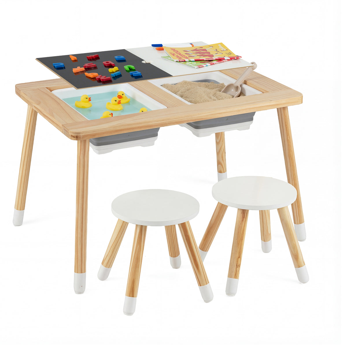Kids Wooden Activity Table Set with Double-Sided Chalkboard & Whiteboard - Natural+White