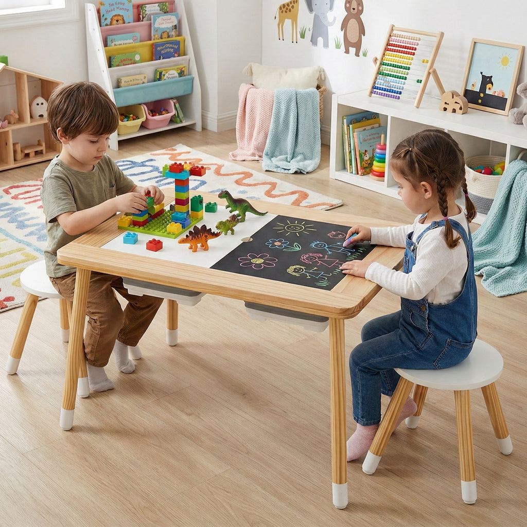 Kids Wooden Activity Table Set with Double-Sided Chalkboard & Whiteboard - Natural+White