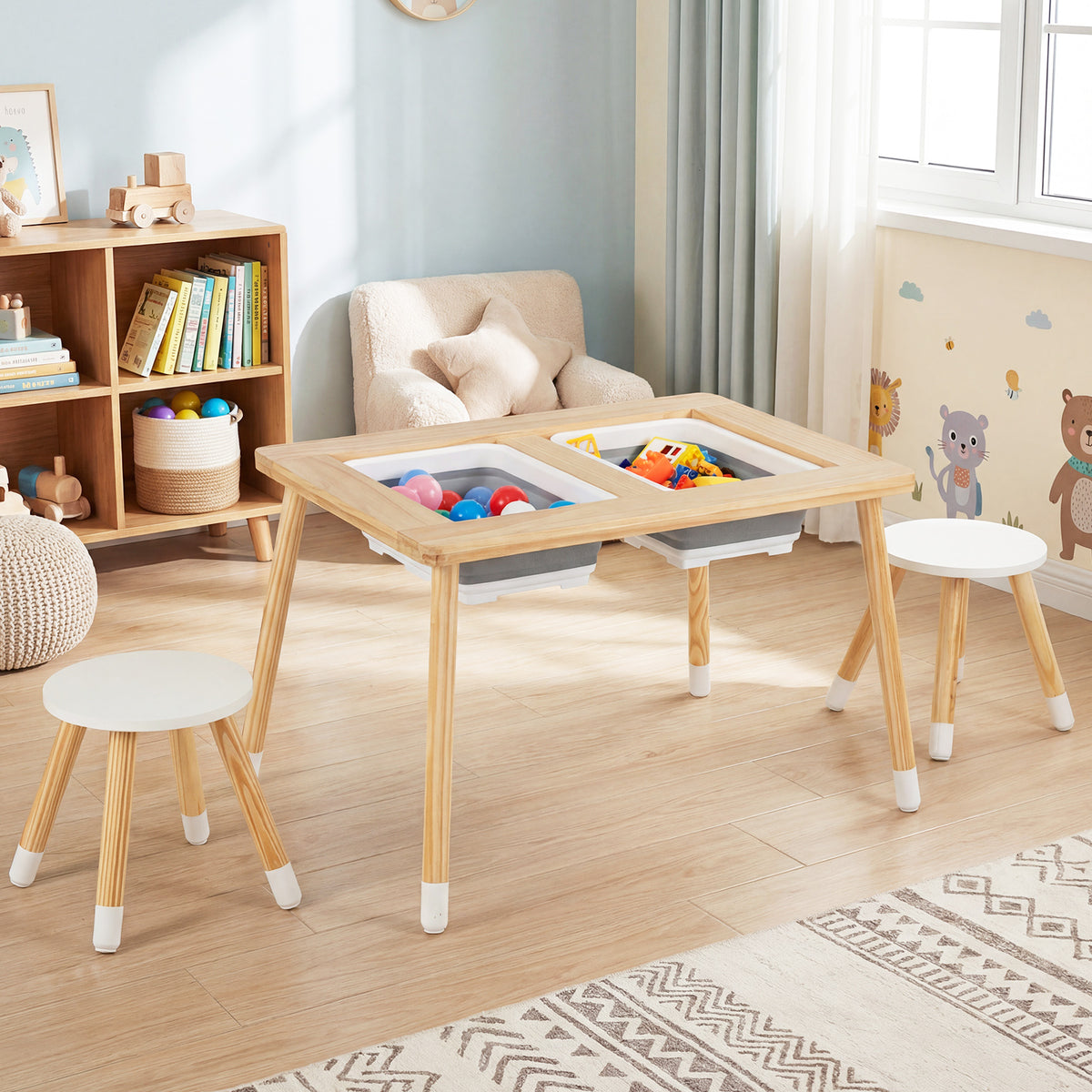Kids Wooden Activity Table Set with Double-Sided Chalkboard & Whiteboard - Natural+White