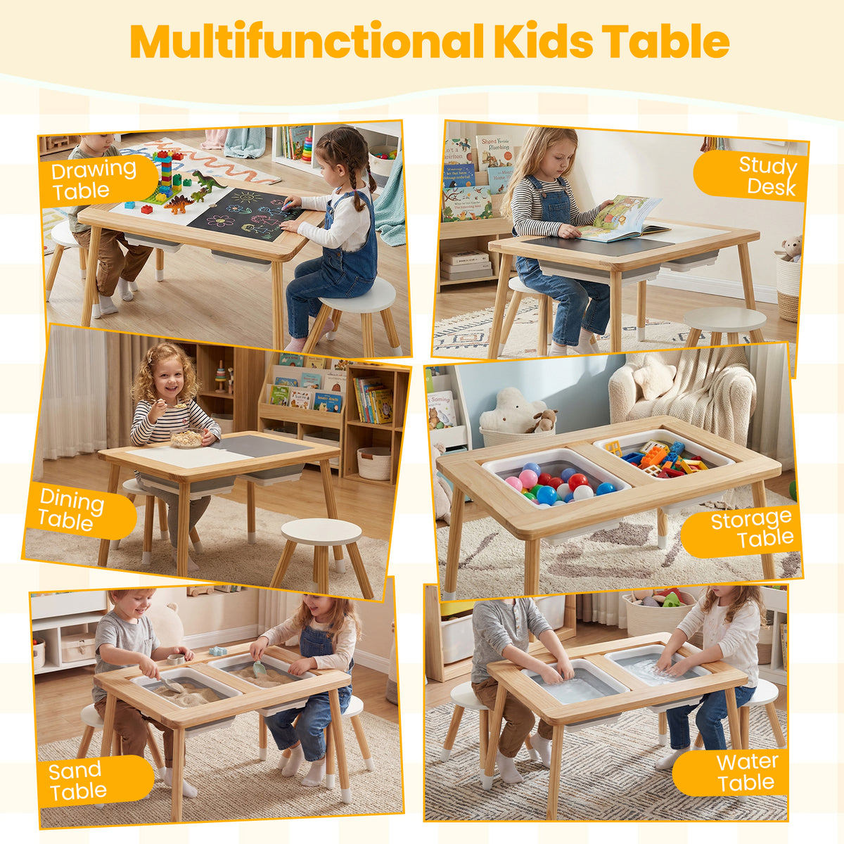 Kids Wooden Activity Table Set with Double-Sided Chalkboard & Whiteboard - Natural+White