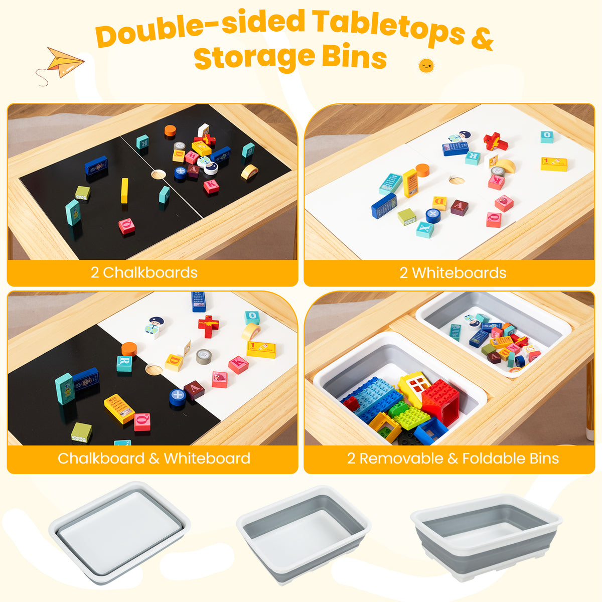 Kids Wooden Activity Table Set with Double-Sided Chalkboard & Whiteboard - Natural+White
