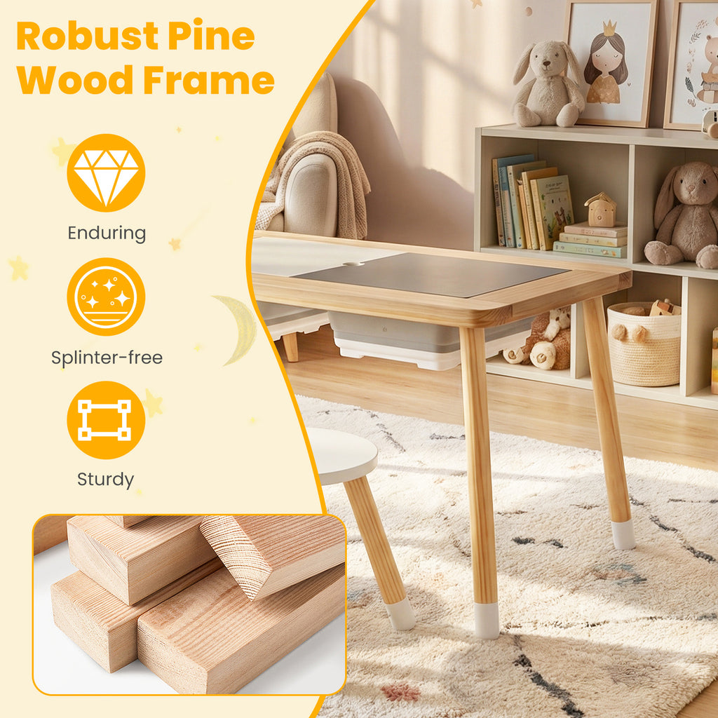 Kids Wooden Activity Table Set with Double-Sided Chalkboard & Whiteboard - Natural+White