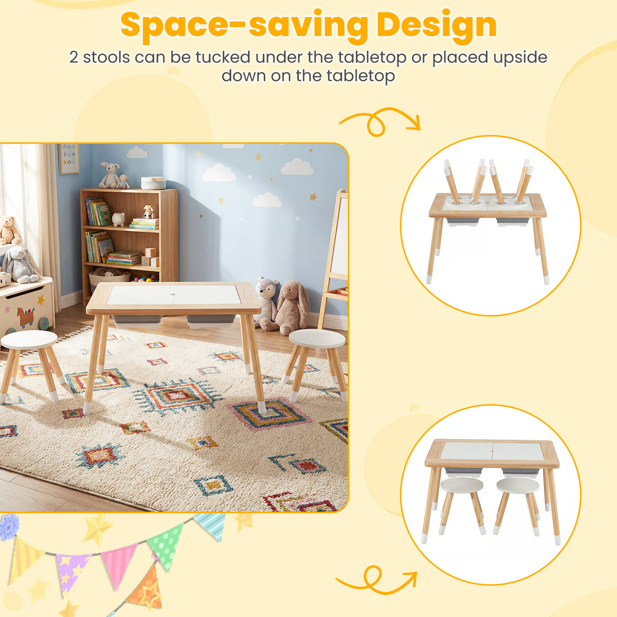 Kids Wooden Activity Table Set with Double-Sided Chalkboard & Whiteboard - Natural+White