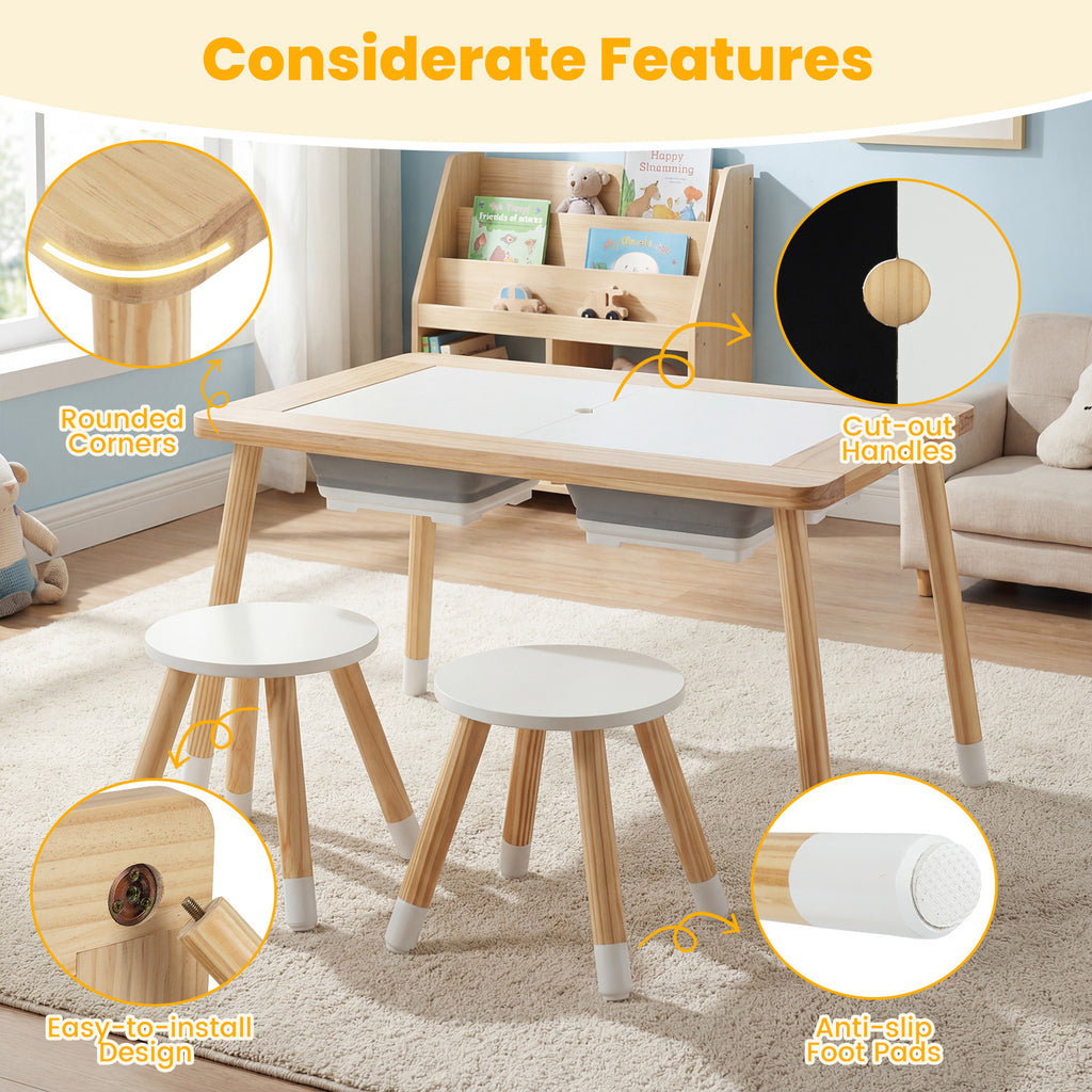 Kids Wooden Activity Table Set with Double-Sided Chalkboard & Whiteboard - Natural+White