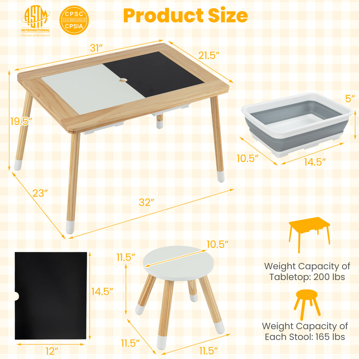 Kids Wooden Activity Table Set with Double-Sided Chalkboard & Whiteboard - Natural+White