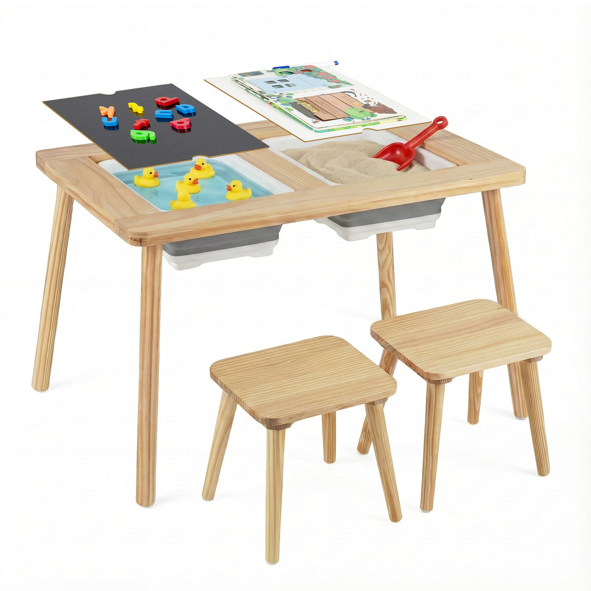 Kids Wooden Activity Table Set with Foldable Storage Bins - Natural