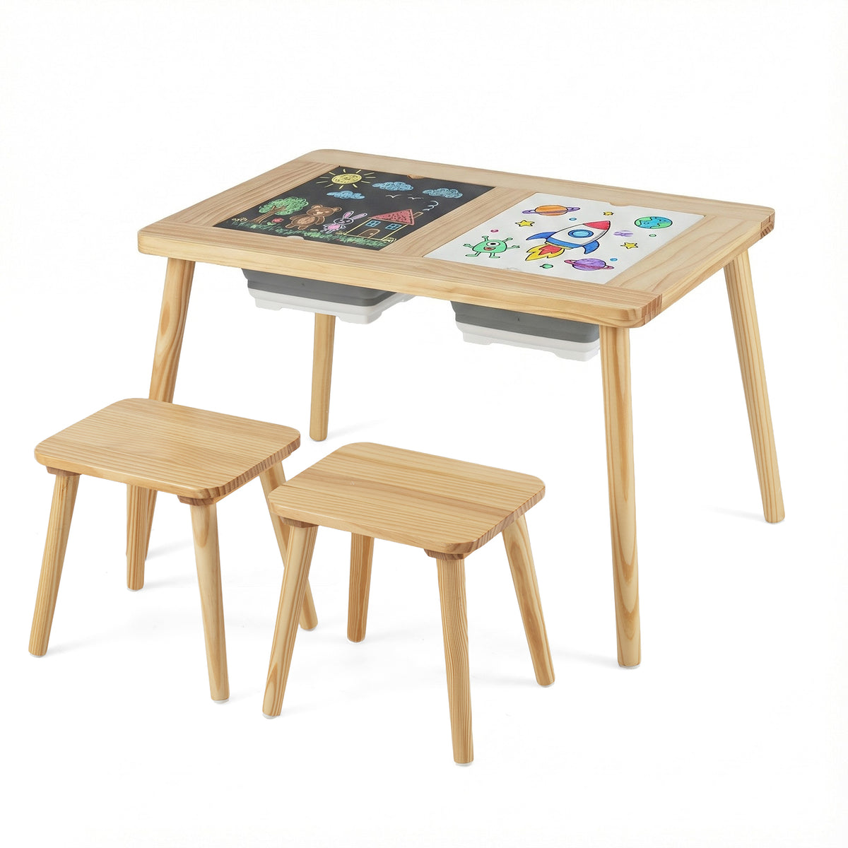 Kids Wooden Activity Table Set with Foldable Storage Bins - Natural