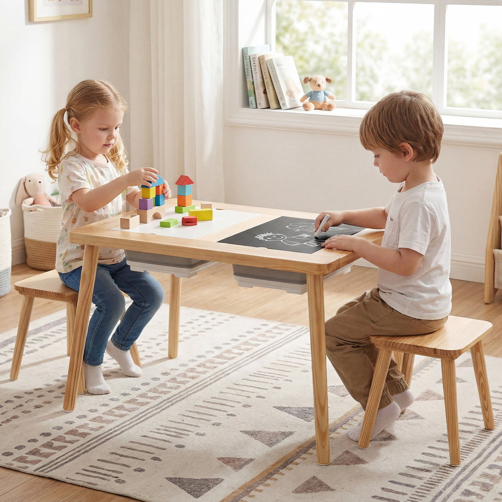 Kids Wooden Activity Table Set with Foldable Storage Bins - Natural