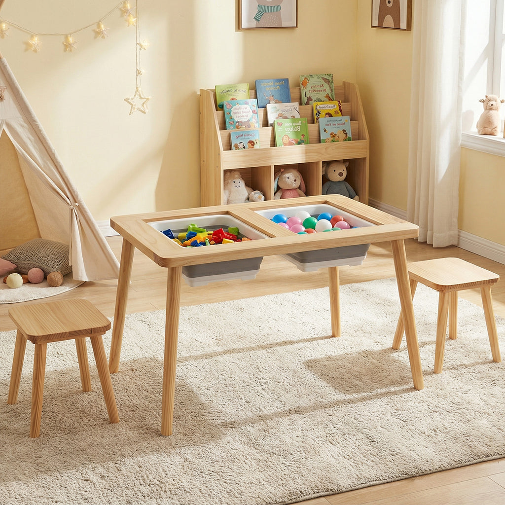 Kids Wooden Activity Table Set with Foldable Storage Bins - Natural