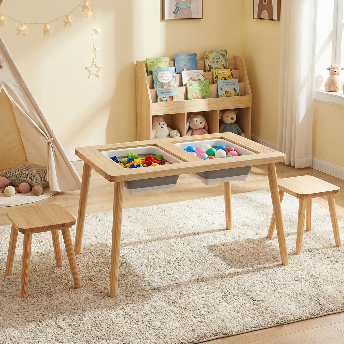 Kids Wooden Activity Table Set with Foldable Storage Bins - Natural