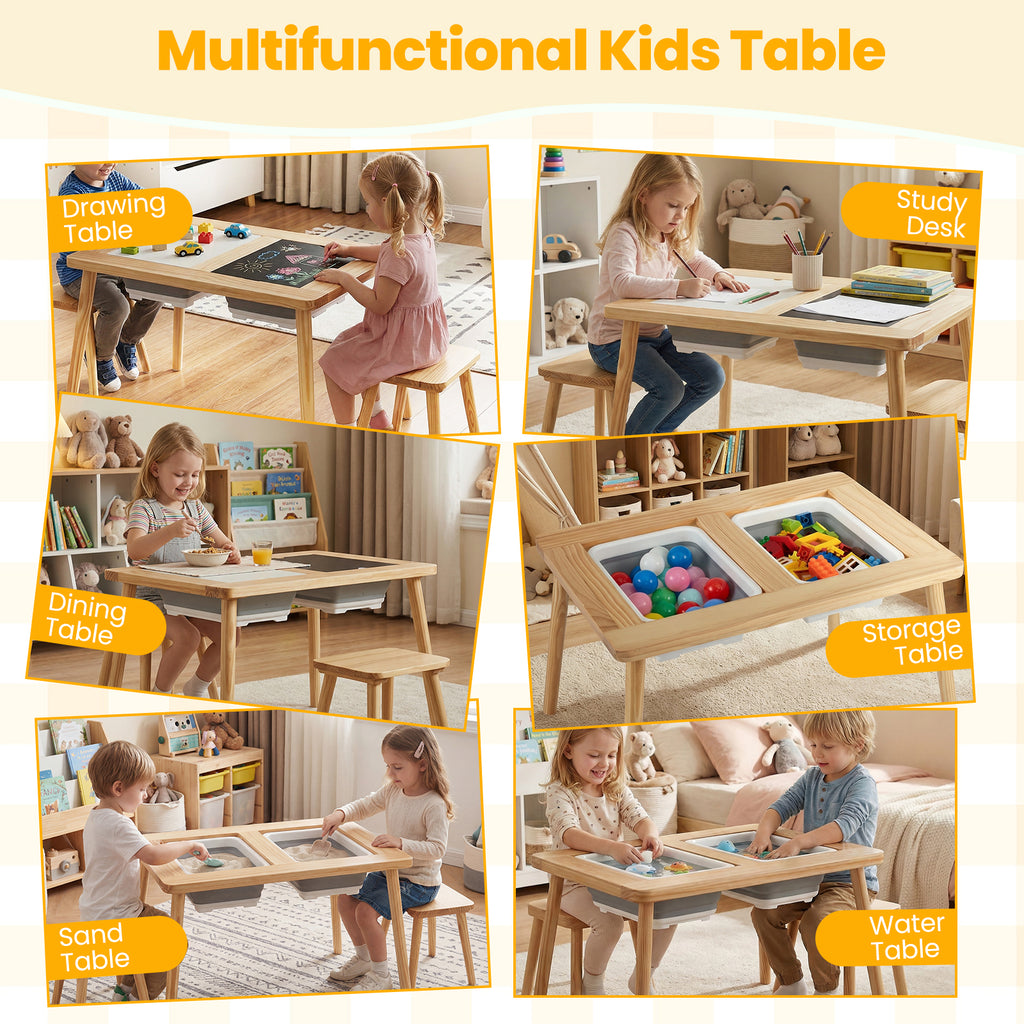 Kids Wooden Activity Table Set with Foldable Storage Bins - Natural