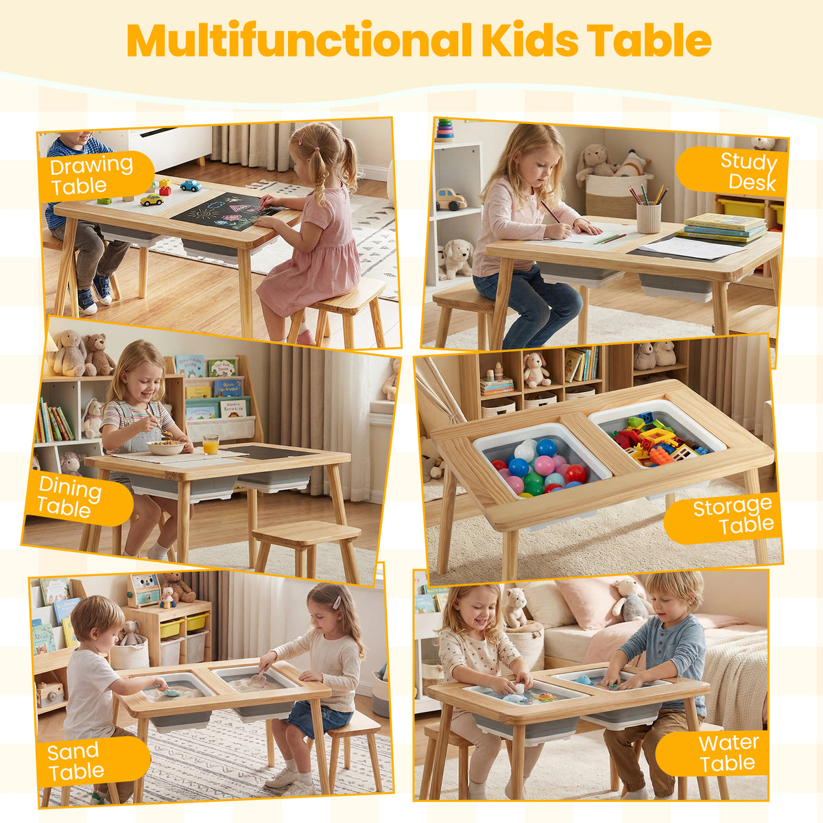 Kids Wooden Activity Table Set with Foldable Storage Bins - Natural