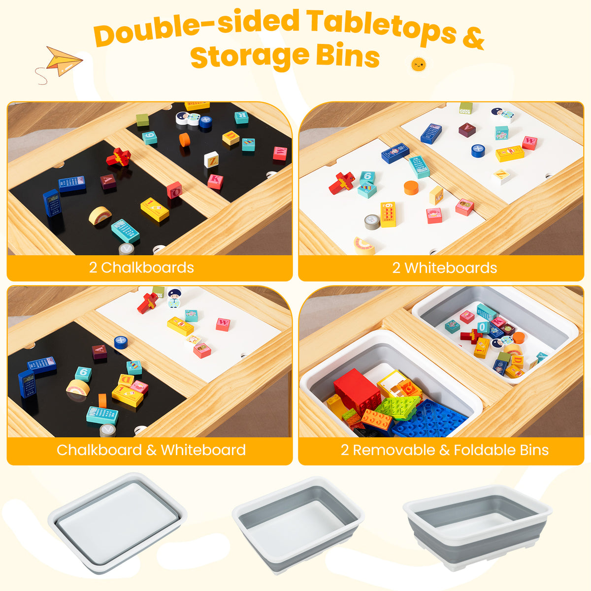 Kids Wooden Activity Table Set with Foldable Storage Bins - Natural