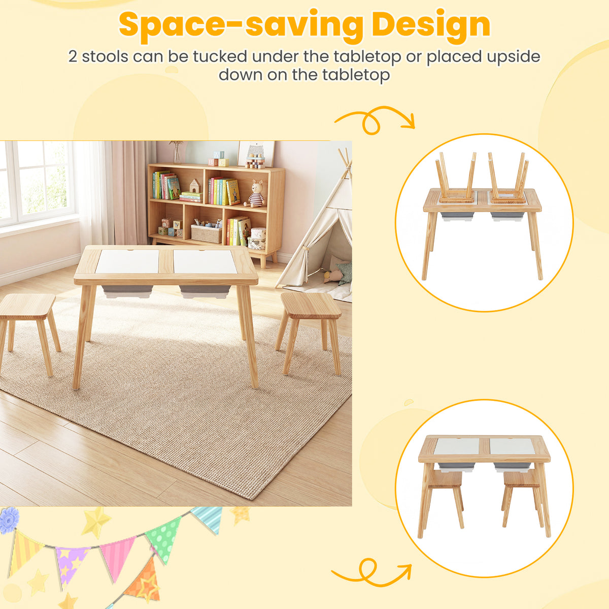 Kids Wooden Activity Table Set with Foldable Storage Bins - Natural