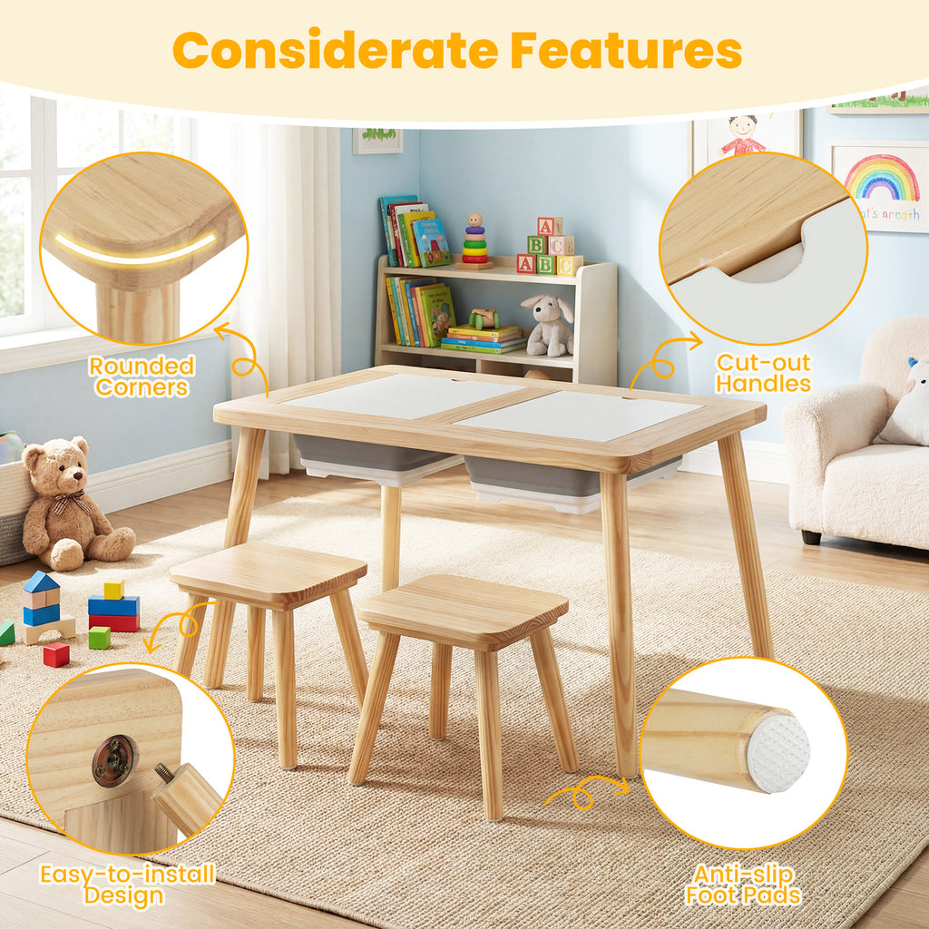 Kids Wooden Activity Table Set with Foldable Storage Bins - Natural