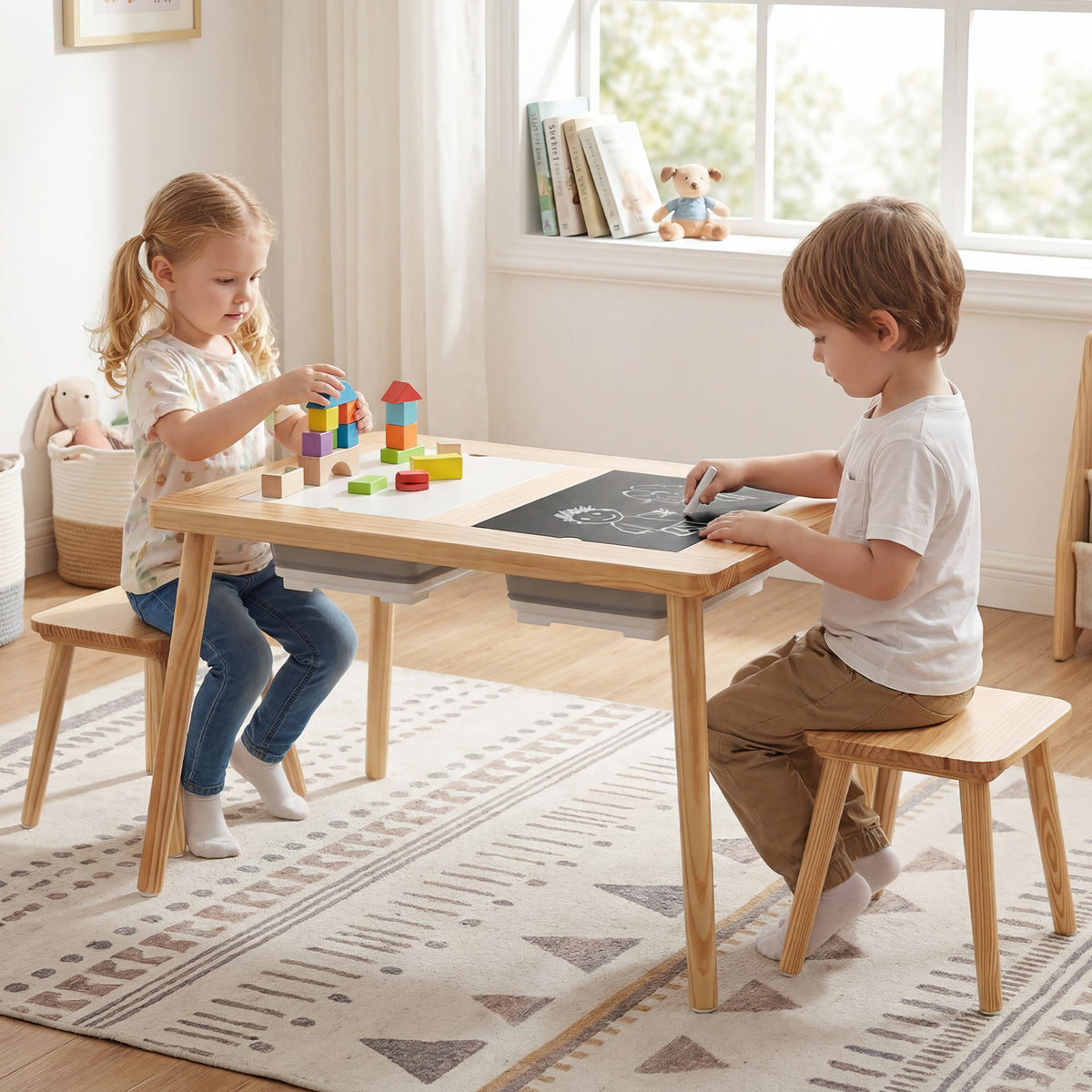 Kids Wooden Activity Table Set with Foldable Storage Bins - Natural