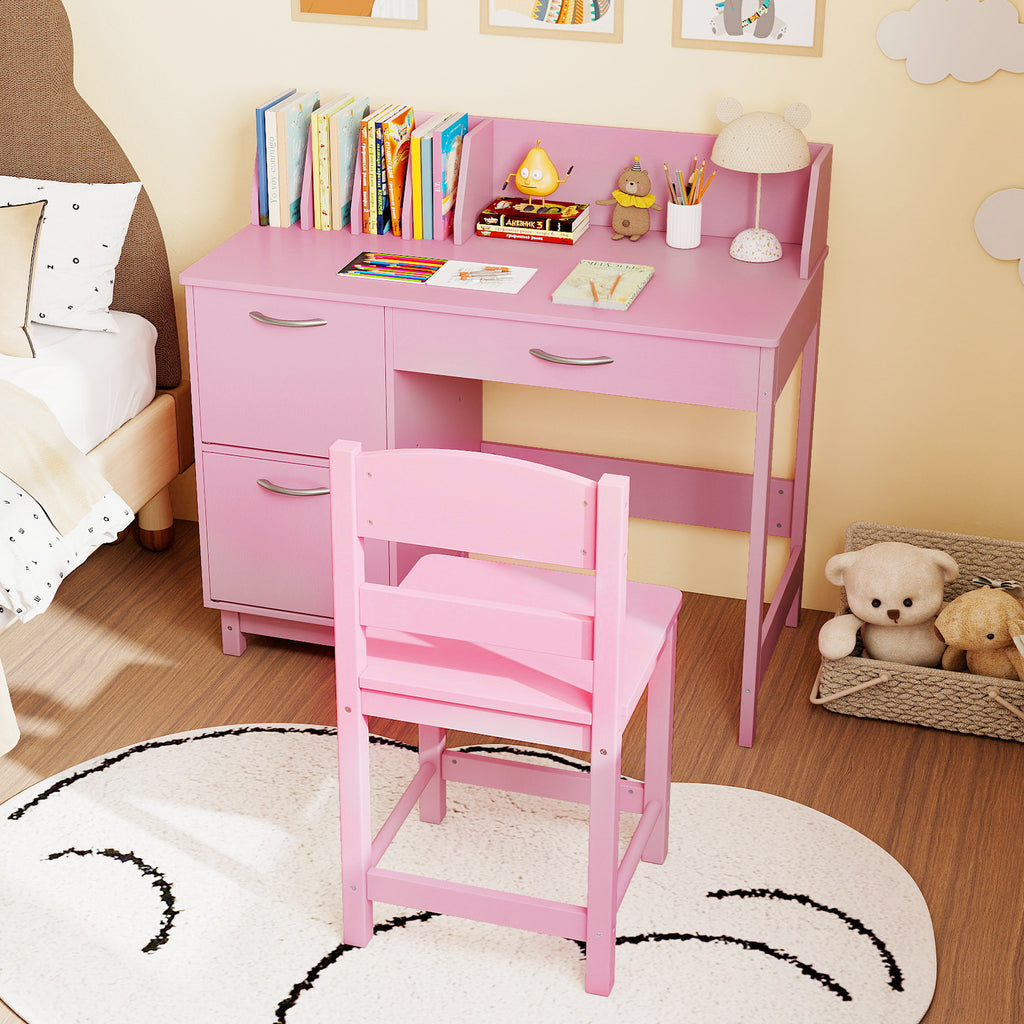 Pink Wooden Kids Study Desk and Chair Set - Childrens Workstation with Storage