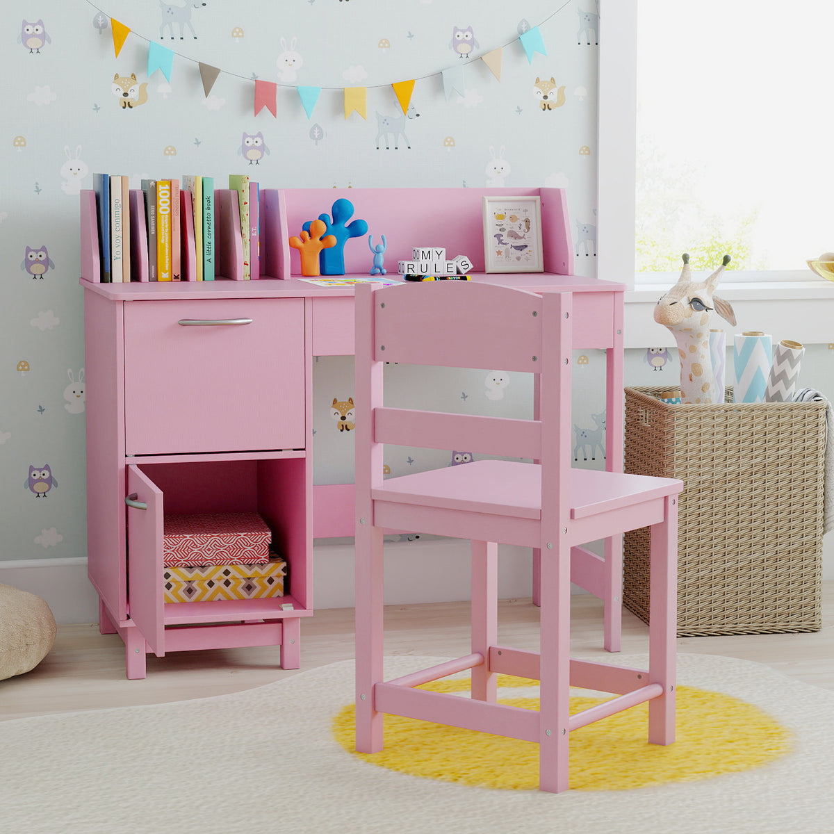 Pink Wooden Kids Study Desk and Chair Set - Childrens Workstation with Storage
