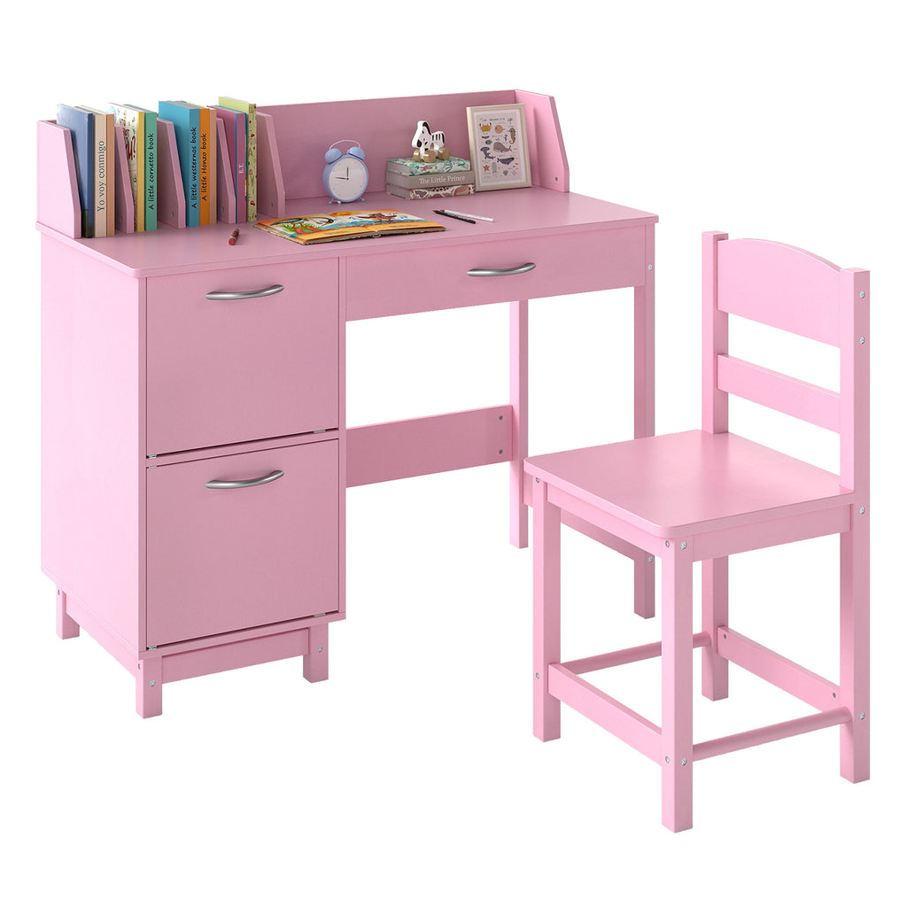 Pink Wooden Kids Study Desk and Chair Set - Childrens Workstation with Storage