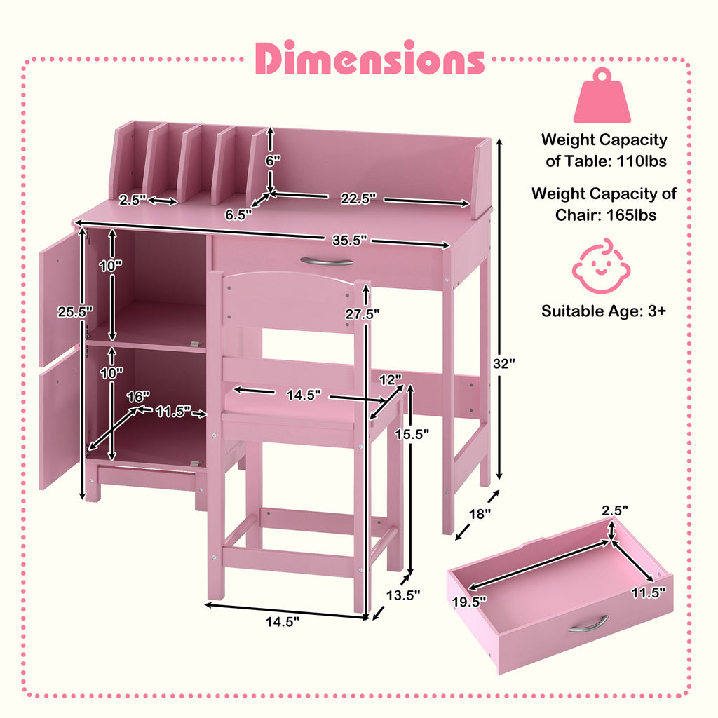 Pink Wooden Kids Study Desk and Chair Set - Childrens Workstation with Storage