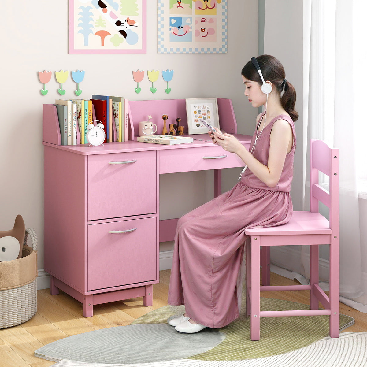 Pink Wooden Kids Study Desk and Chair Set - Childrens Workstation with Storage