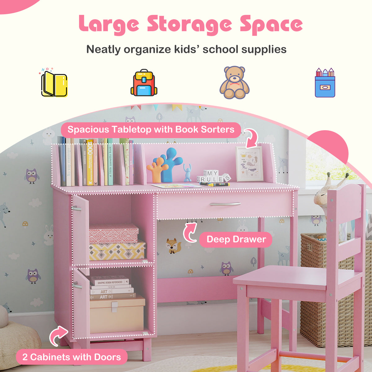 Pink Wooden Kids Study Desk and Chair Set - Childrens Workstation with Storage