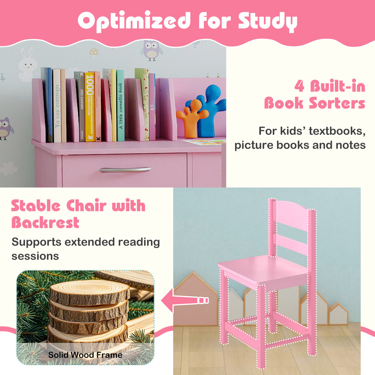 Pink Wooden Kids Study Desk and Chair Set - Childrens Workstation with Storage