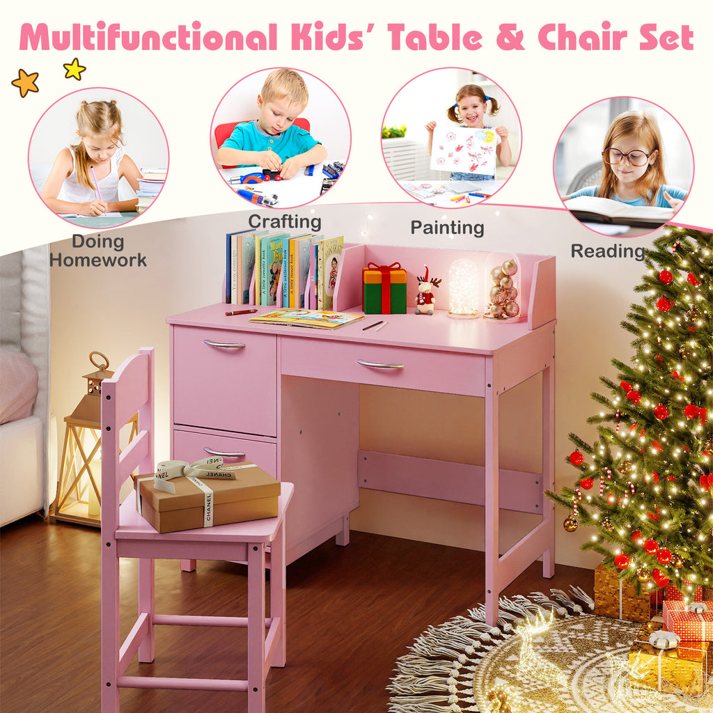 Pink Wooden Kids Study Desk and Chair Set - Childrens Workstation with Storage