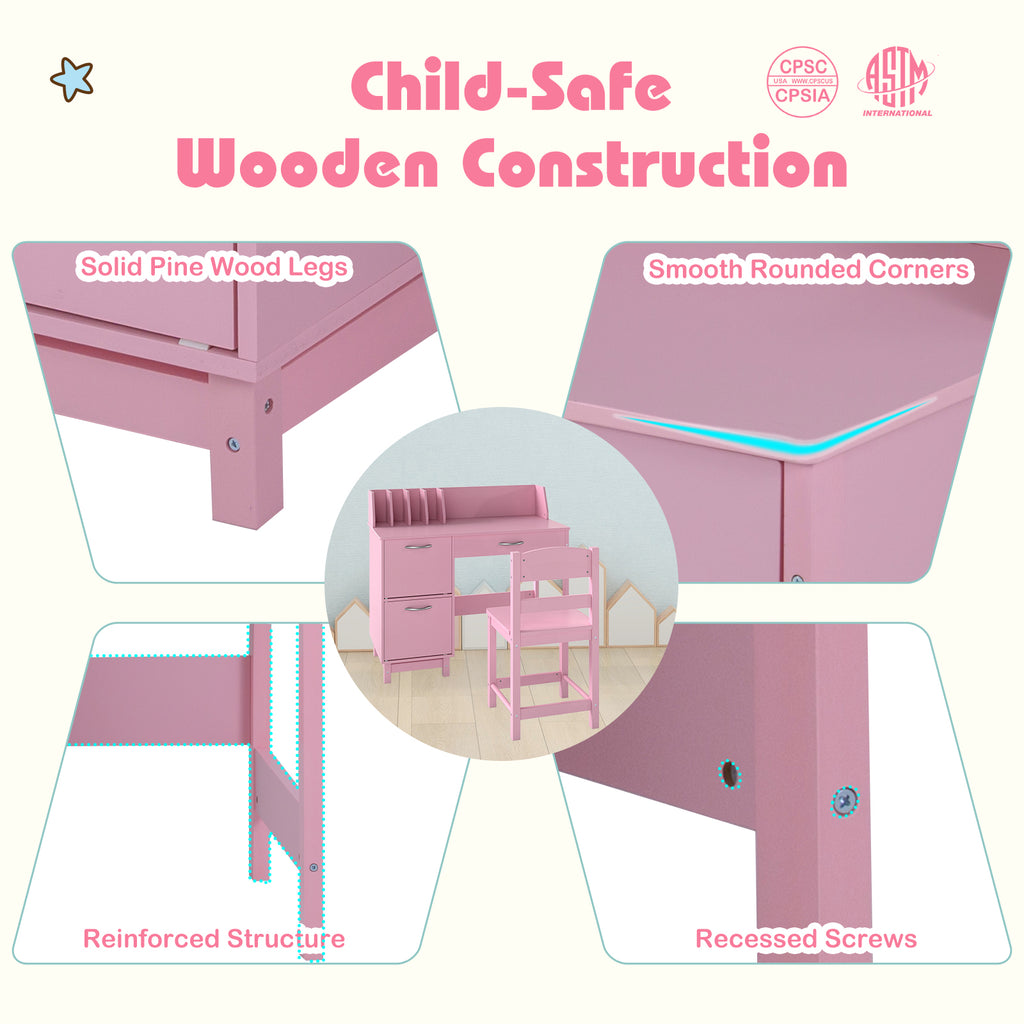 Pink Wooden Kids Study Desk and Chair Set - Childrens Workstation with Storage