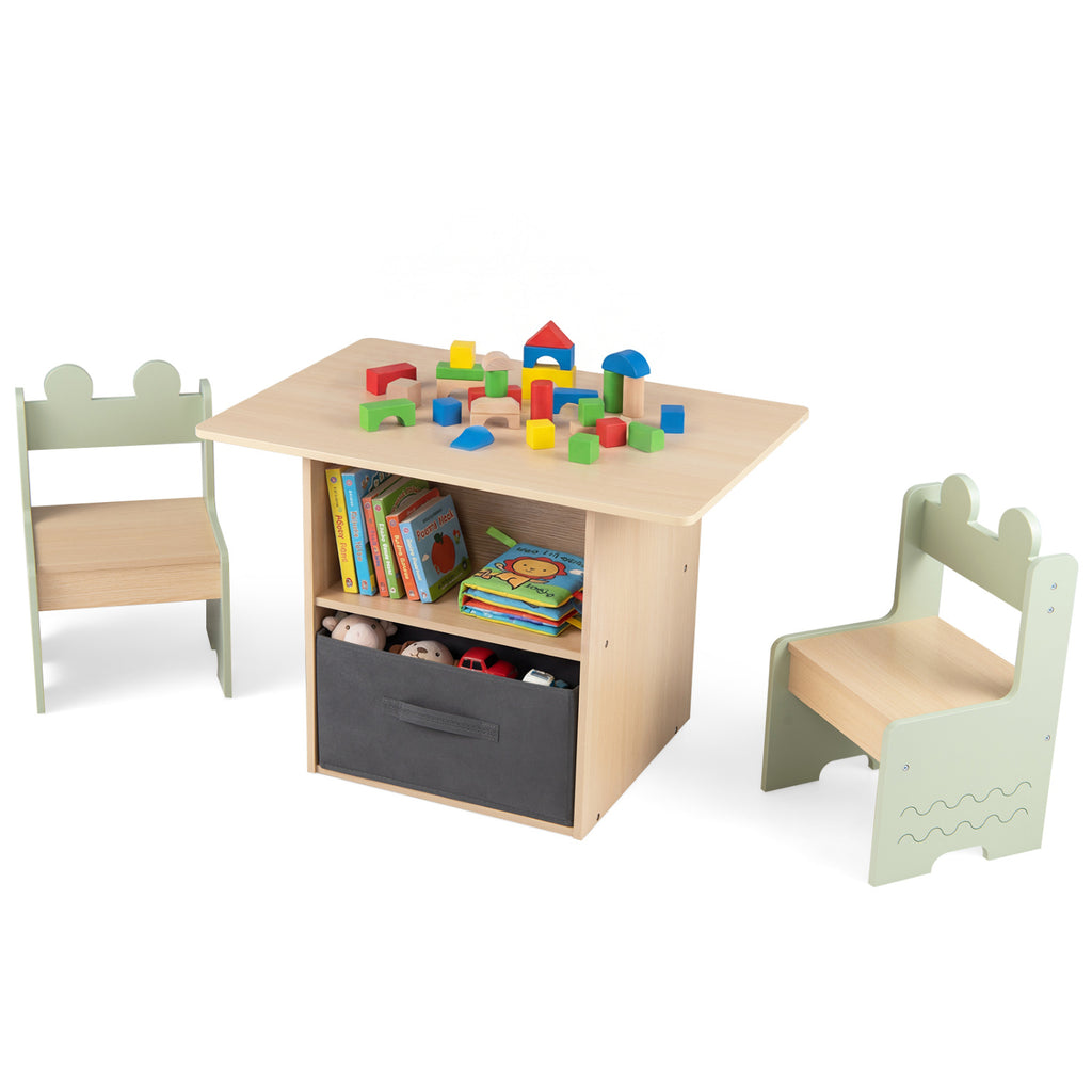 Wooden Kids Table and Chairs Set with 2 Open Storage Compartments - Green, Safe & Easy to Clean
