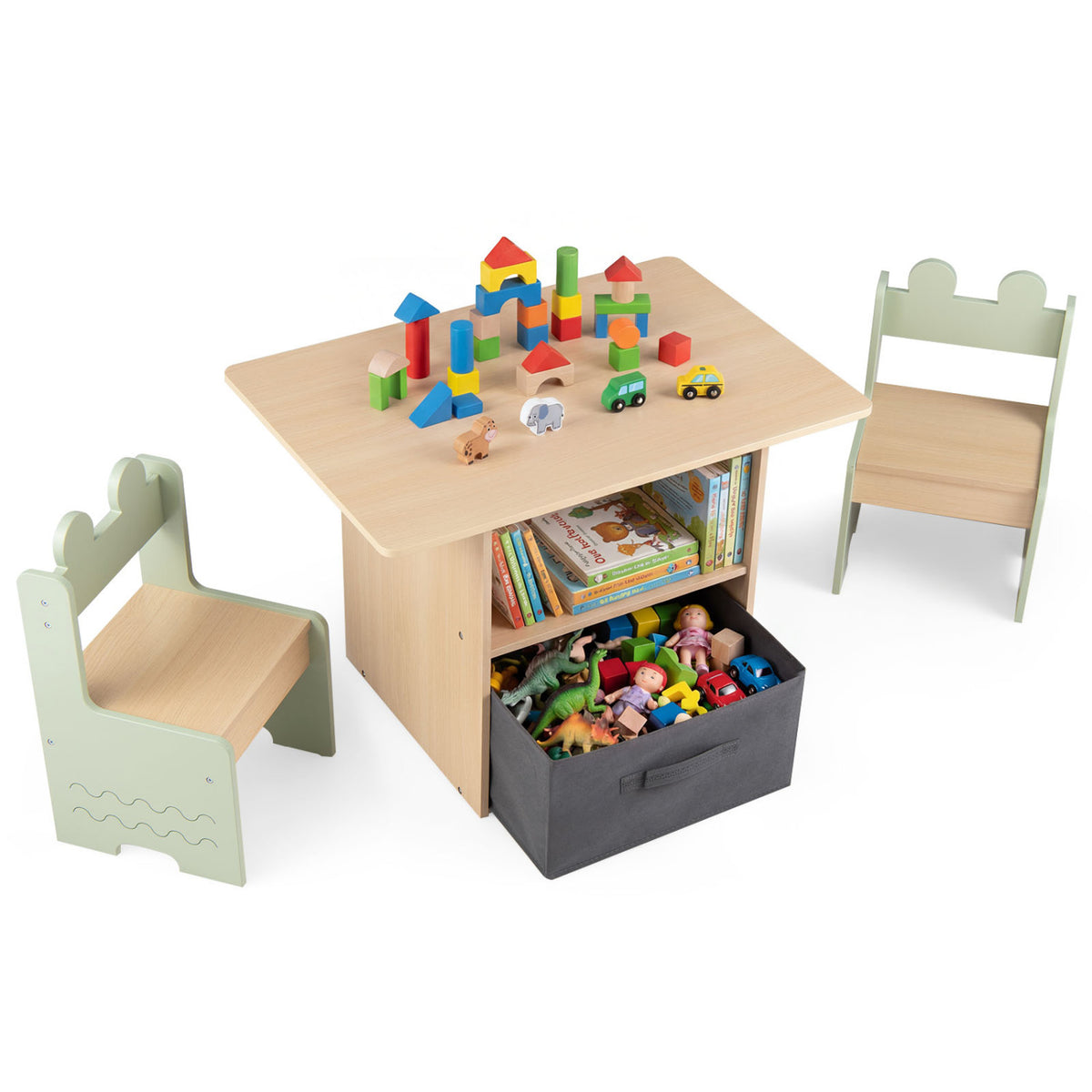 Wooden Kids Table and Chairs Set with 2 Open Storage Compartments - Green, Safe & Easy to Clean