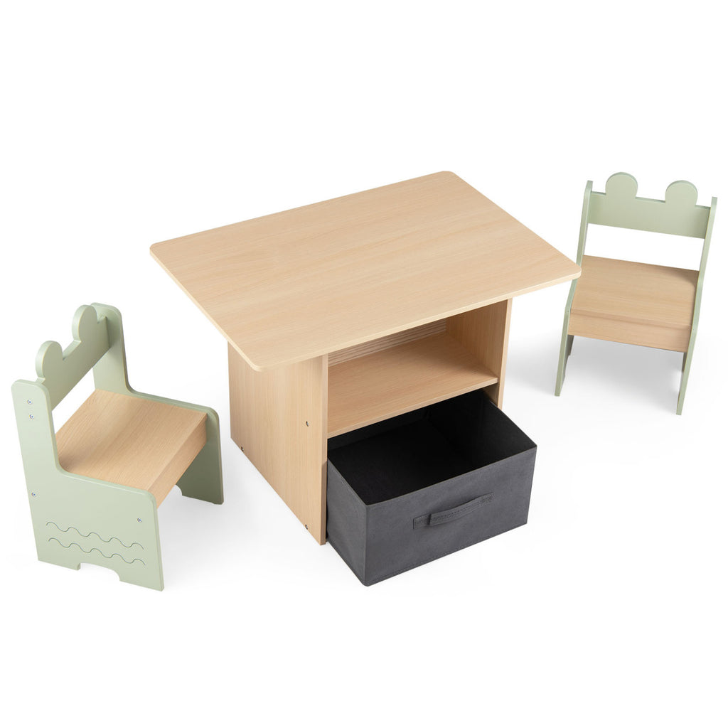 Wooden Kids Table and Chairs Set with 2 Open Storage Compartments - Green, Safe & Easy to Clean